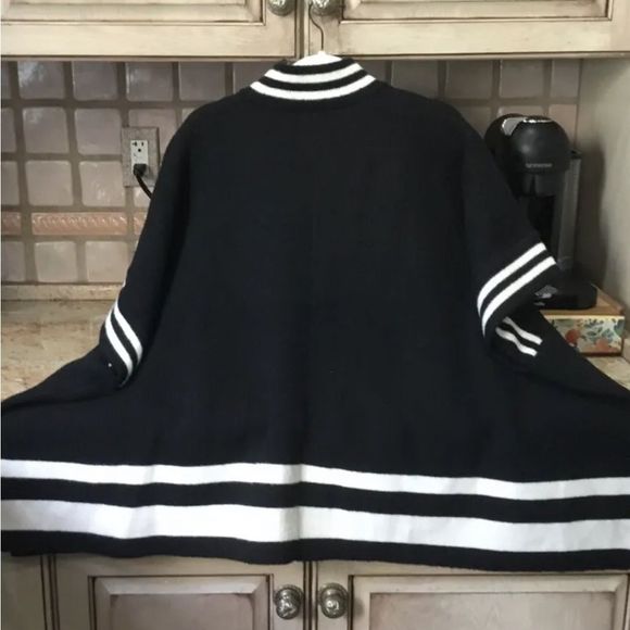 Free People Pep Rally Stripe Poncho Sweater Jacket Snaps Cobalt Black White - Picture 5 of 6